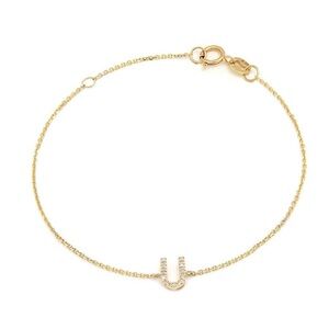 14K Real Yellow Gold  Initial ”U” Single Prong Diamond Bracelet 7+1″